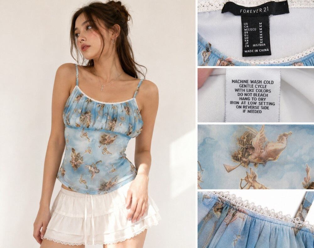 Y2K 2000s Fairycore Forever 21 Mesh Cami Top Sz M Blue Angel Print Indie Sleaze